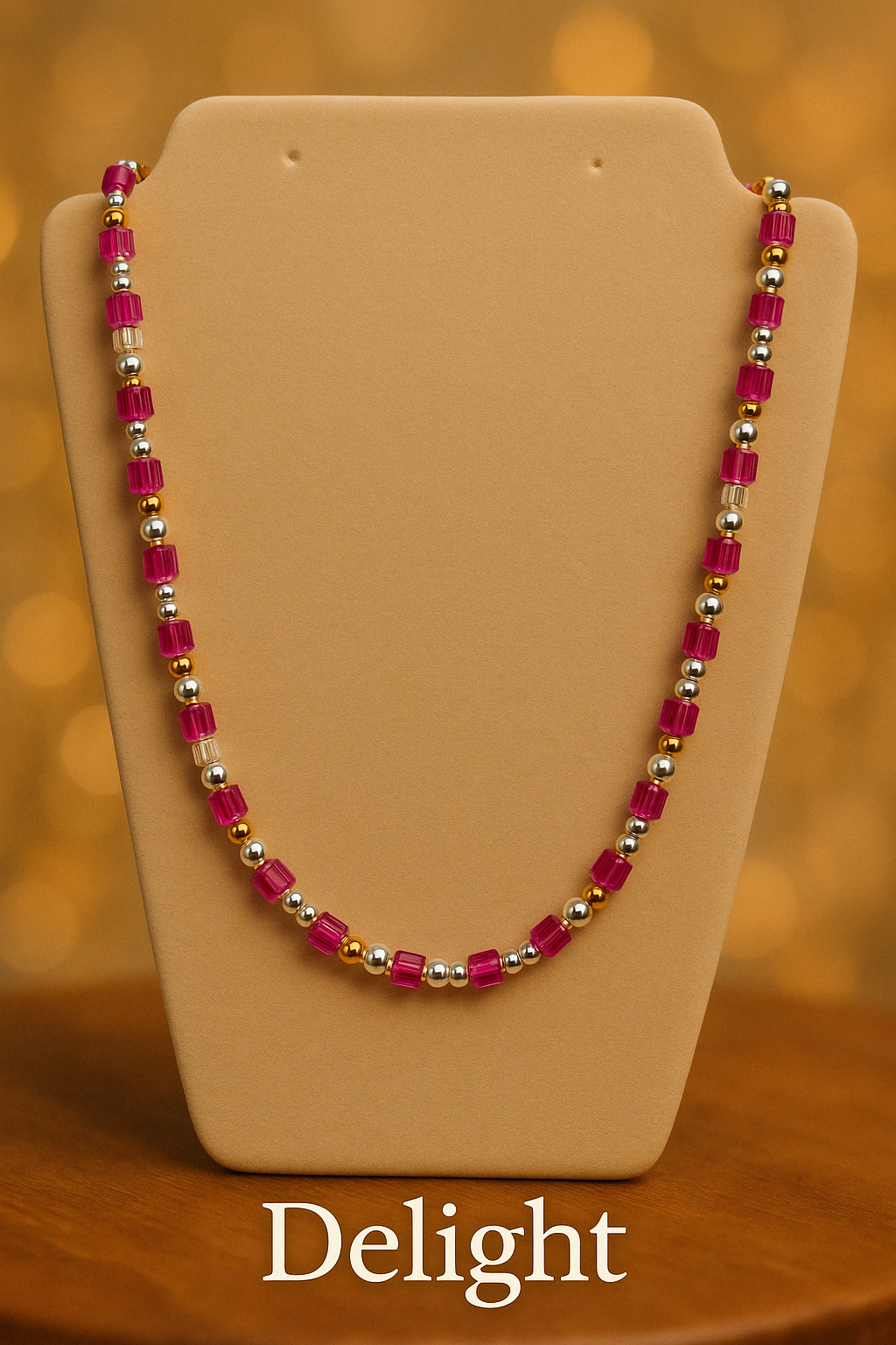 Pretty in pink -Delight- Necklace with silver and Gold tone Accents