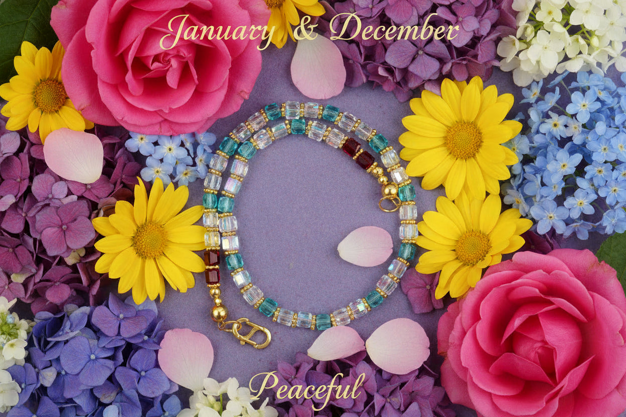 Memory-Custom Made- Peaceful-Memory Necklace with Ab clear cubes & Jan & Dec Birthstones