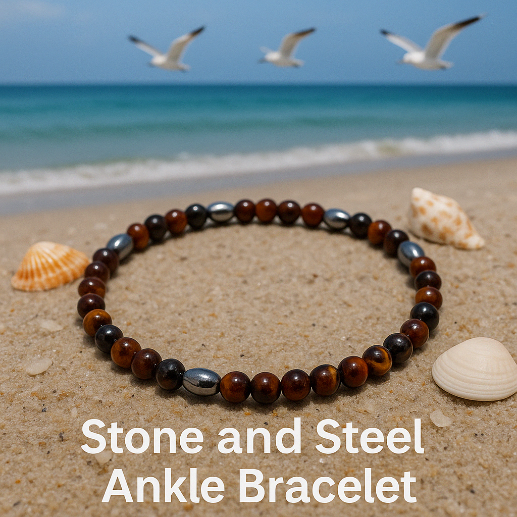 Round About Collection-Stone & Steel Ankle Bracelet-Brown Tiger Eye