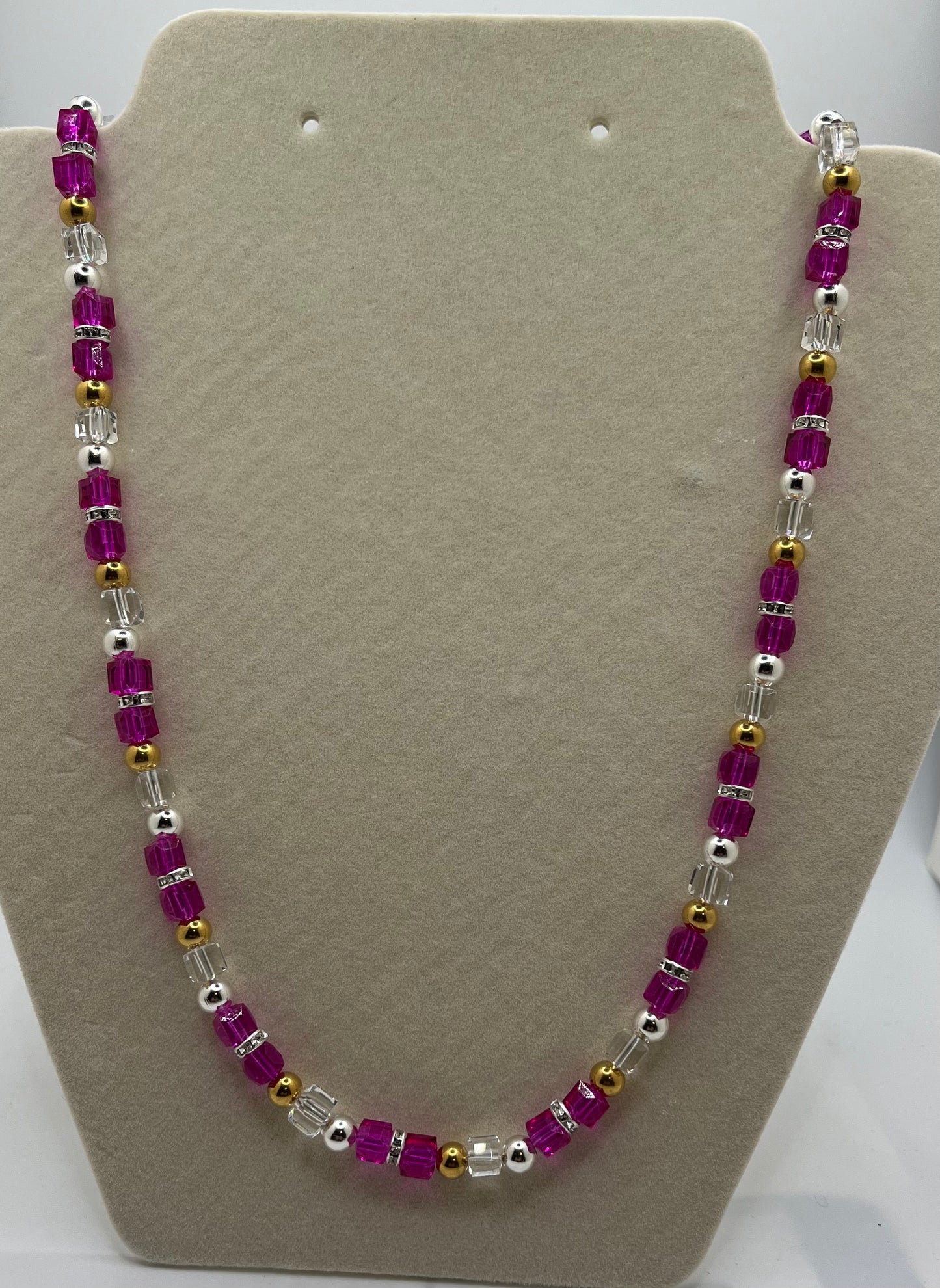 Pretty in pink -Delight- Necklace  with silver and Gold tone Accents