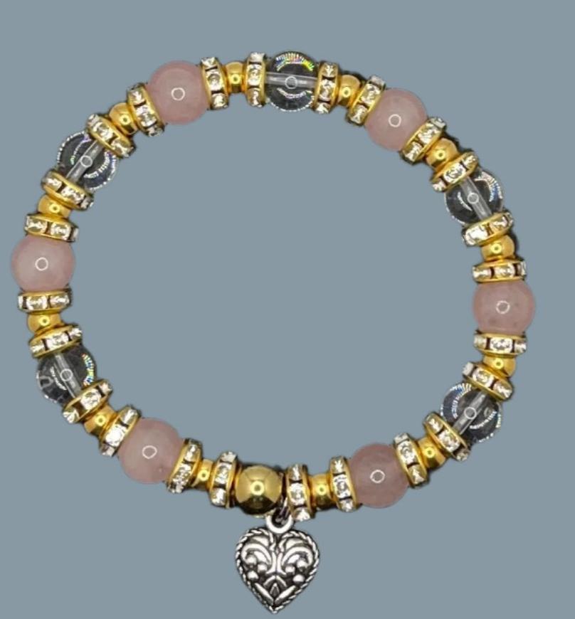 Survivor -Second Chance- Bracelet with Silver Heart Charm 8 mm pink  And Clear quartz crystals Gold Tone Spacers