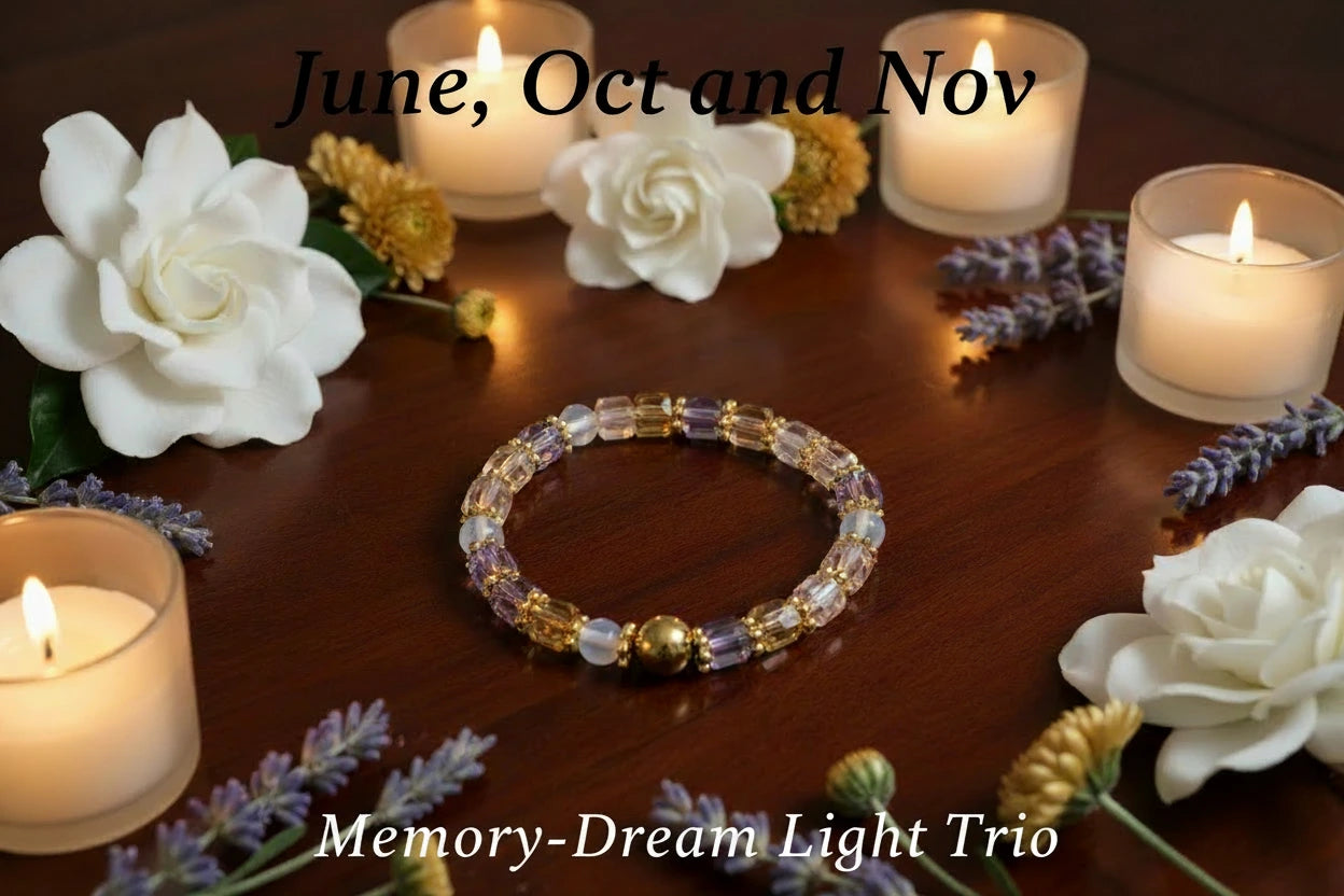 Memory custom made Birthstone "Dream light Trio Gold Tone Bracelet  months are June,Oct and Nov
