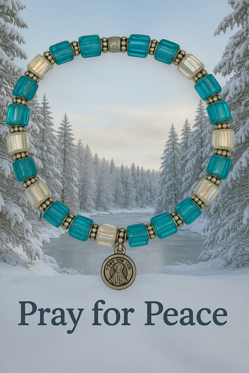 Heavenly Grace-Pray for Peace - Blessed Mother 6mm silver bracelet